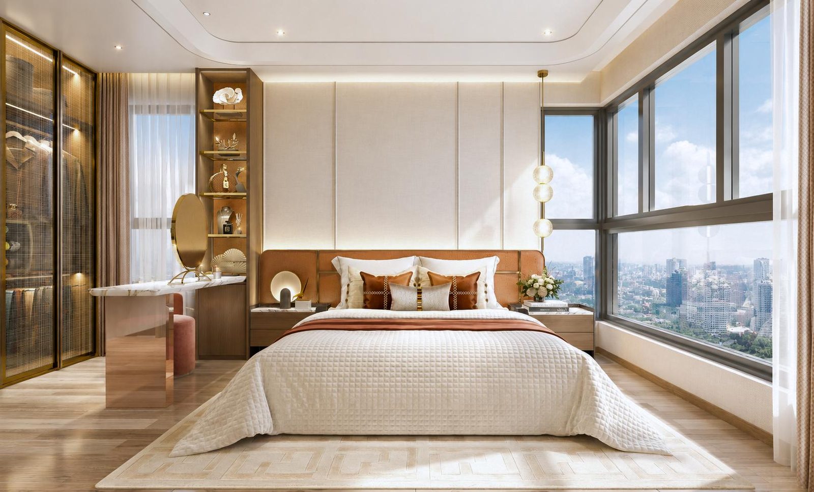 Phòng ngủ lớn của căn hộ Gladia Heights nhìn ra thành phố