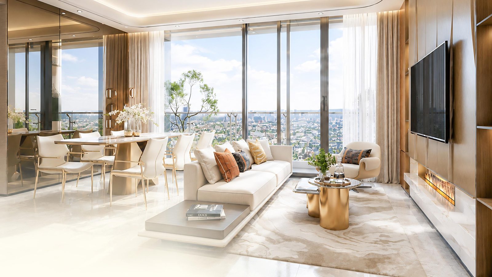 Khu khách liền bếp ăn trong căn hộ Gladia Heights, cửa kính rộng