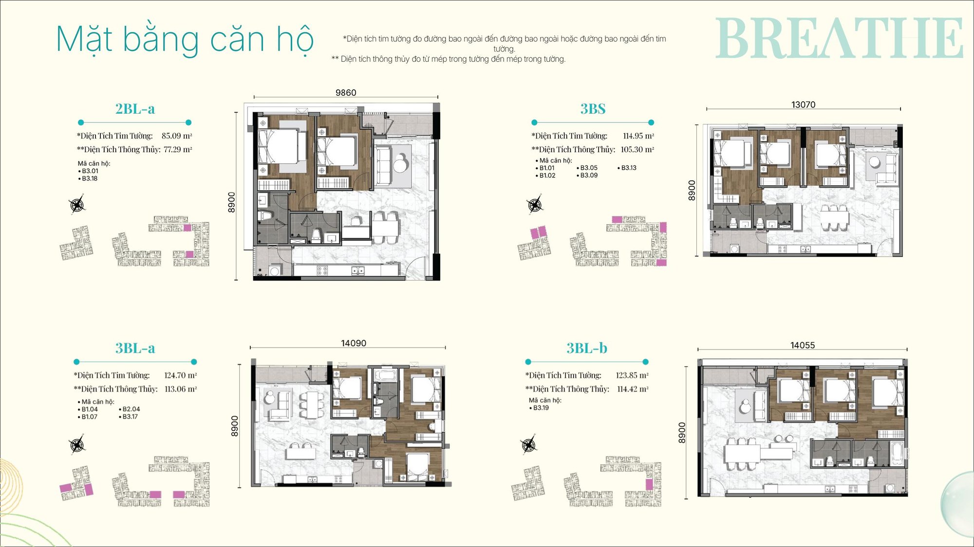 Bản vẽ chi tiết các loại căn hộ 2PN và 3PN tại Gladia Heights